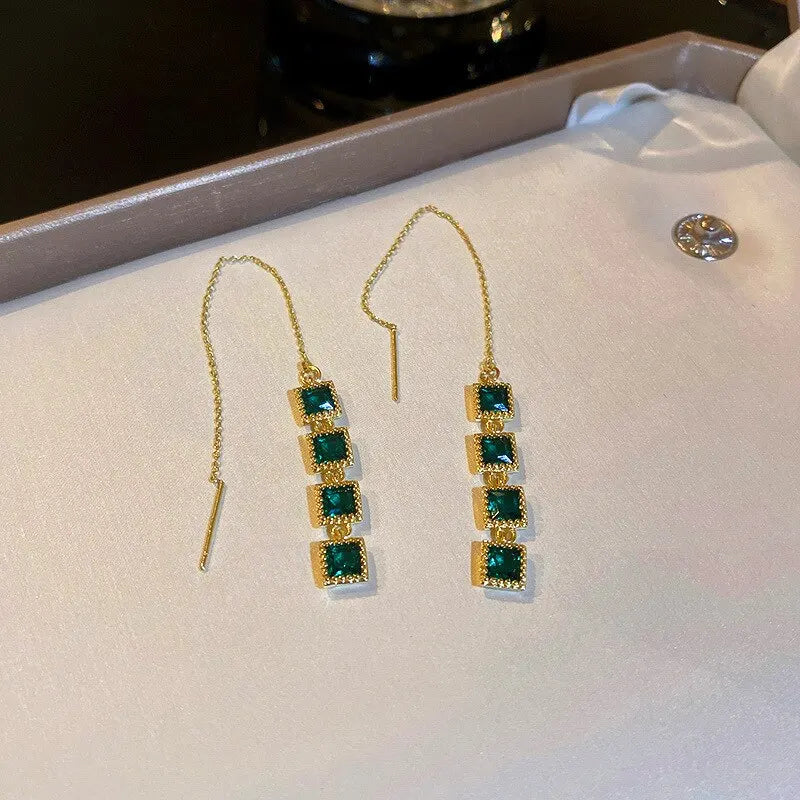 Boucles d'oreilles Vintage en cristal strass vert, gouttelette d'eau, cœur pour femmes, boucles d'oreilles géométriques carrées, bijoux cadeaux