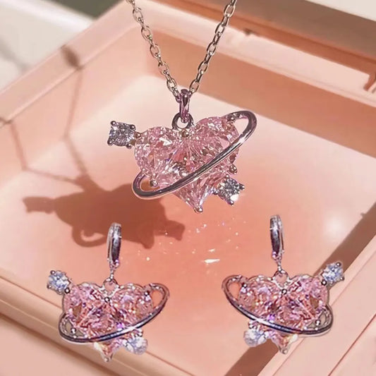 Ensemble collier et boucles d'oreilles en cristal rose Y2K, chaîne de clavicule brillante  pour femmes et filles, nouvelle tendance, cadeaux de fête, bijoux