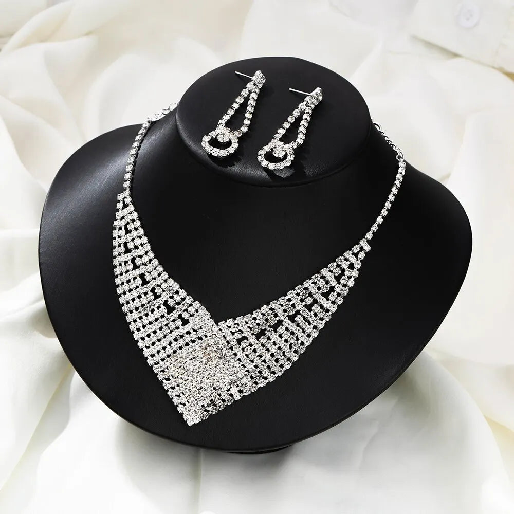 Ensemble de bijoux de mariée en cristal plaqué argent, strass, robe de mariée, collier et boucles d'oreilles, cadeau pour dames