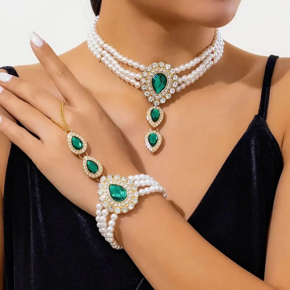 Ensemble de bijoux élégants multicouches en Imitation de perles pour femmes, 2 pièces, collier et Bracelet de luxe en strass pour mariée, accessoires de mariage