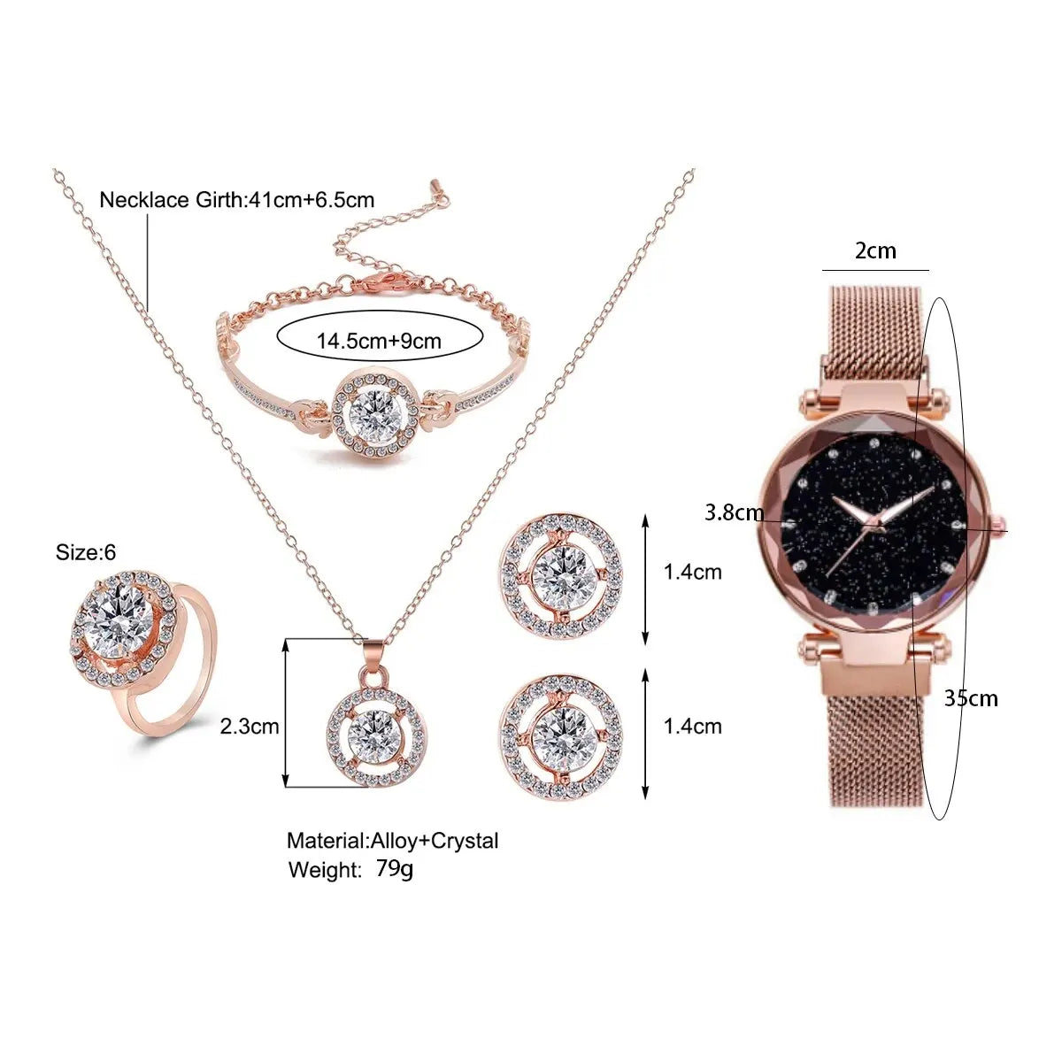 Ensemble de bijoux pour femmes, 6 pièces, montre de luxe légère en or Rose, boucles d'oreilles en Zircon, collier, Bracelet, ensemble d'accessoires pour fête de mariage