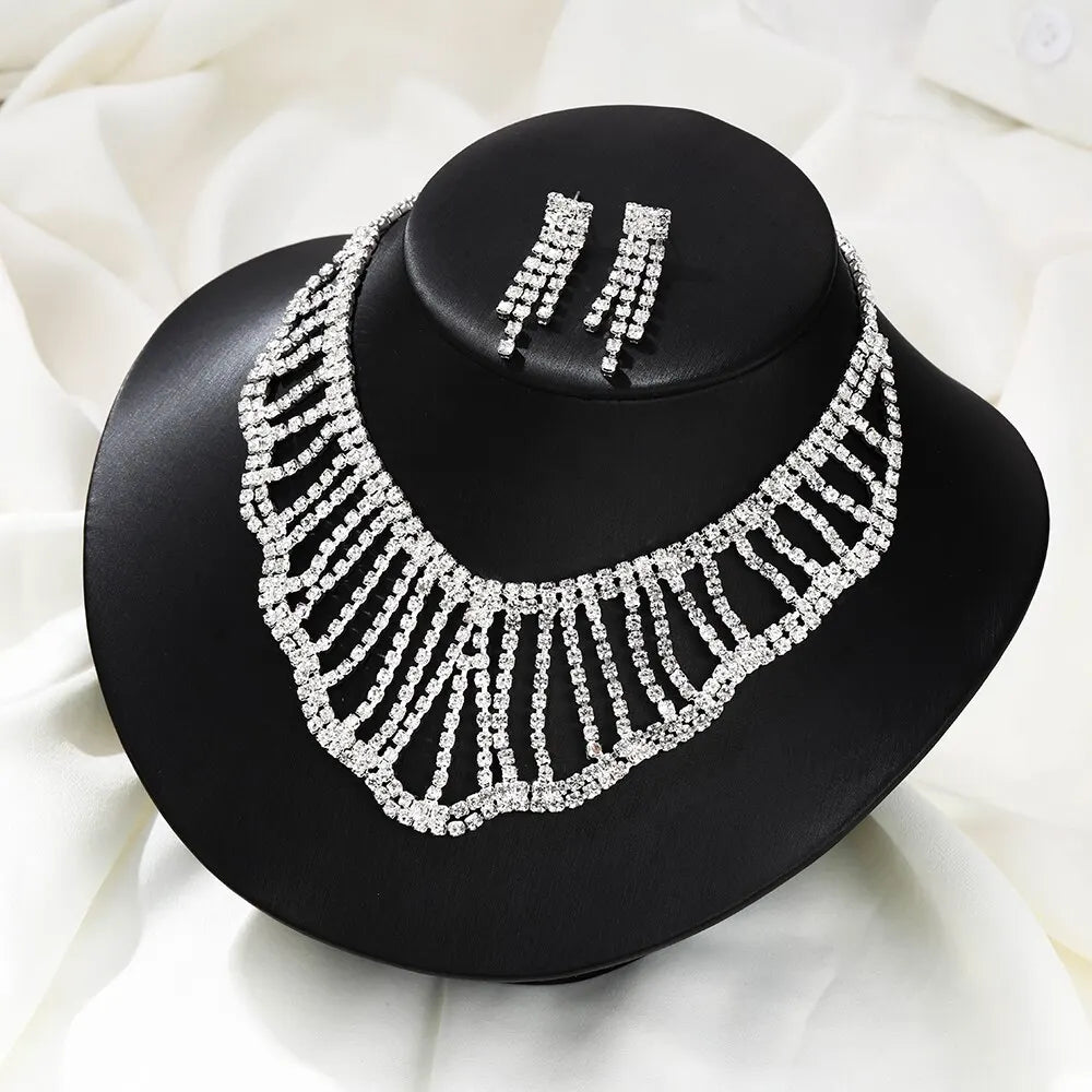 Ensemble de bijoux de mariée en cristal plaqué argent, strass, robe de mariée, collier et boucles d'oreilles, cadeau pour dames