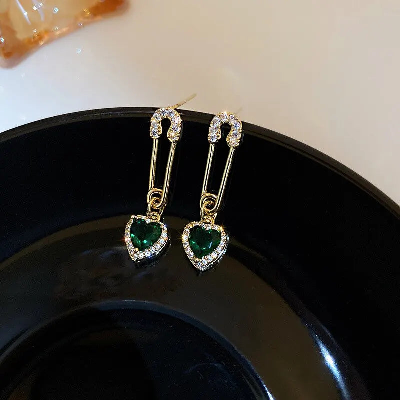 Boucles d'oreilles Vintage en cristal strass vert, gouttelette d'eau, cœur pour femmes, boucles d'oreilles géométriques carrées, bijoux cadeaux