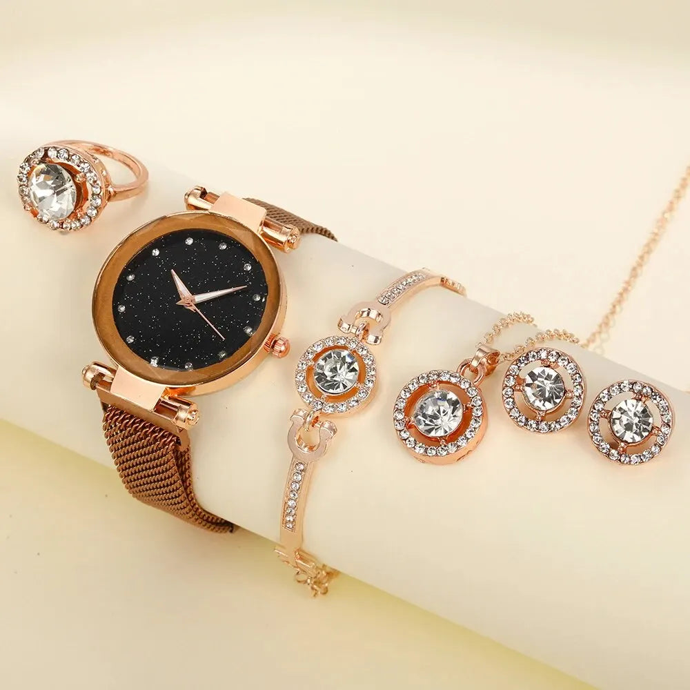 Ensemble de bijoux pour femmes, 6 pièces, montre de luxe légère en or Rose, boucles d'oreilles en Zircon, collier, Bracelet, ensemble d'accessoires pour fête de mariage