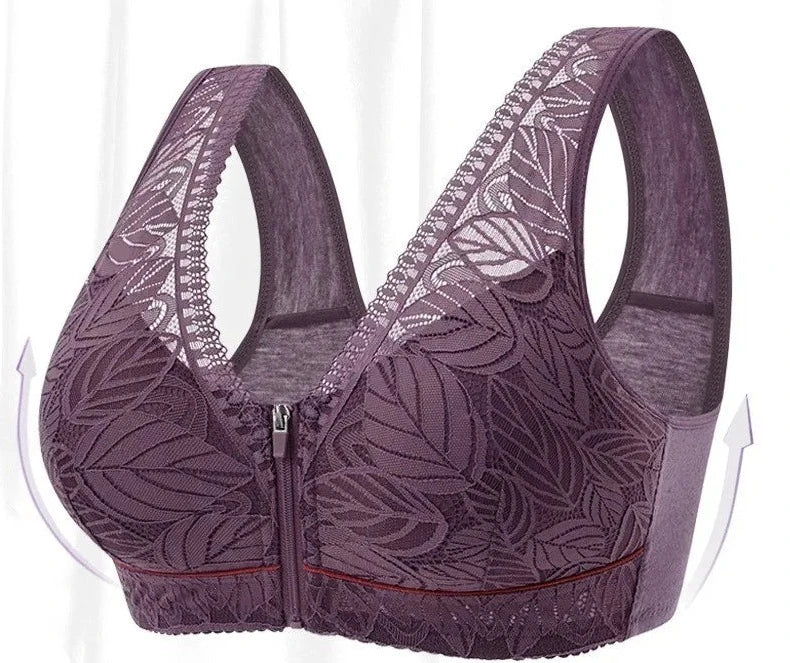 Soutien-gorge respirant en coton doux pour femmes, sous-vêtements sans armature, bretelles en dentelle, débardeur à feuilles, grande taille, fermeture éclair sur le devant