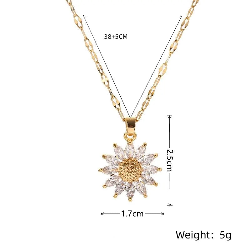 Collier couleur or pour femmes, 1 pièce, pendentif fleur de luxe léger, incrusté de zircone, chaîne en acier titane, bijoux de vacances