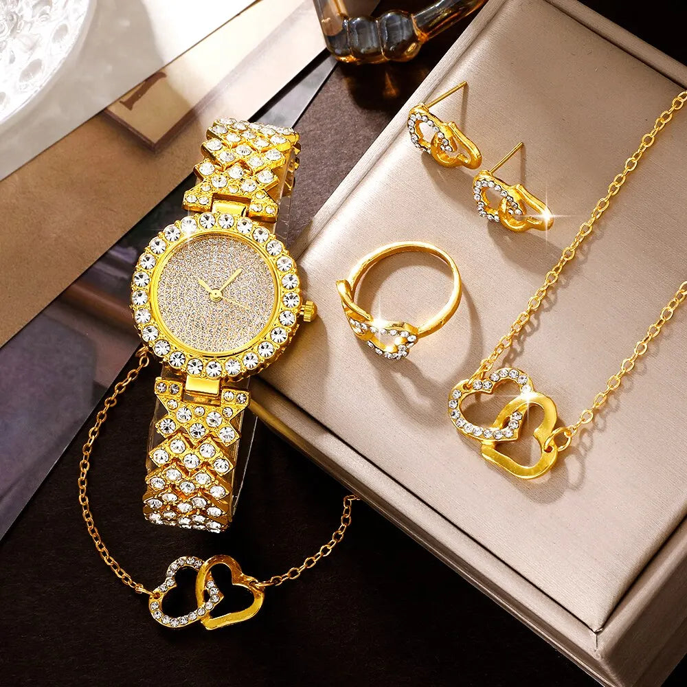 Montre à Quartz délicate pour femmes, ensemble de bijoux en forme de cœur, montre en strass, collier Double cœur, Bracelet, boucles d'oreilles, ensemble de bagues