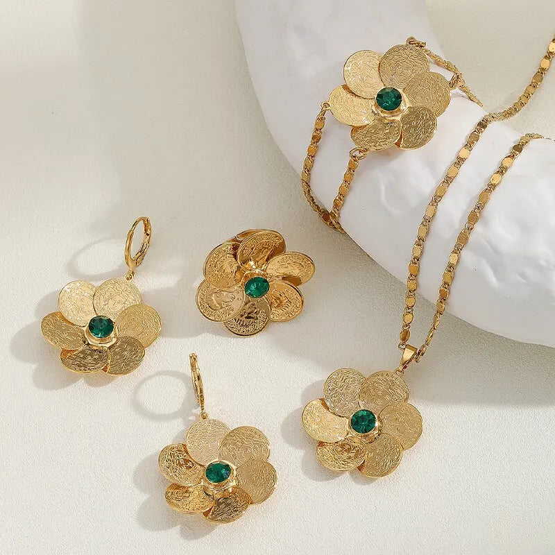 Ensemble de bijoux en forme de fleur en cristal vert, pendentif, collier, Bracelet à deux couches, bague, boucles d'oreilles pour femmes, à la mode, 4 pièces