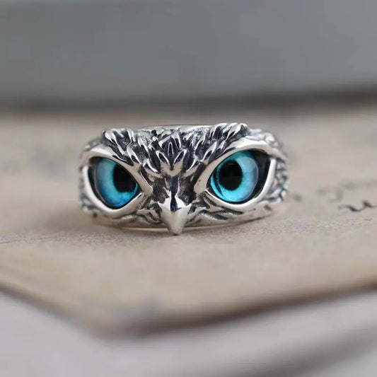 Bagues Vintage pour hommes et femmes, 1 pièce, Style Hip Hop Simple, hibou réglable avec yeux en résine bleue, bijoux de vacances