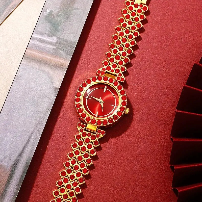 Nouvelle montre de luxe femmes rouge collier boucle d'oreille strass mode montre-bracelet décontracté dames montres ensemble de bijoux