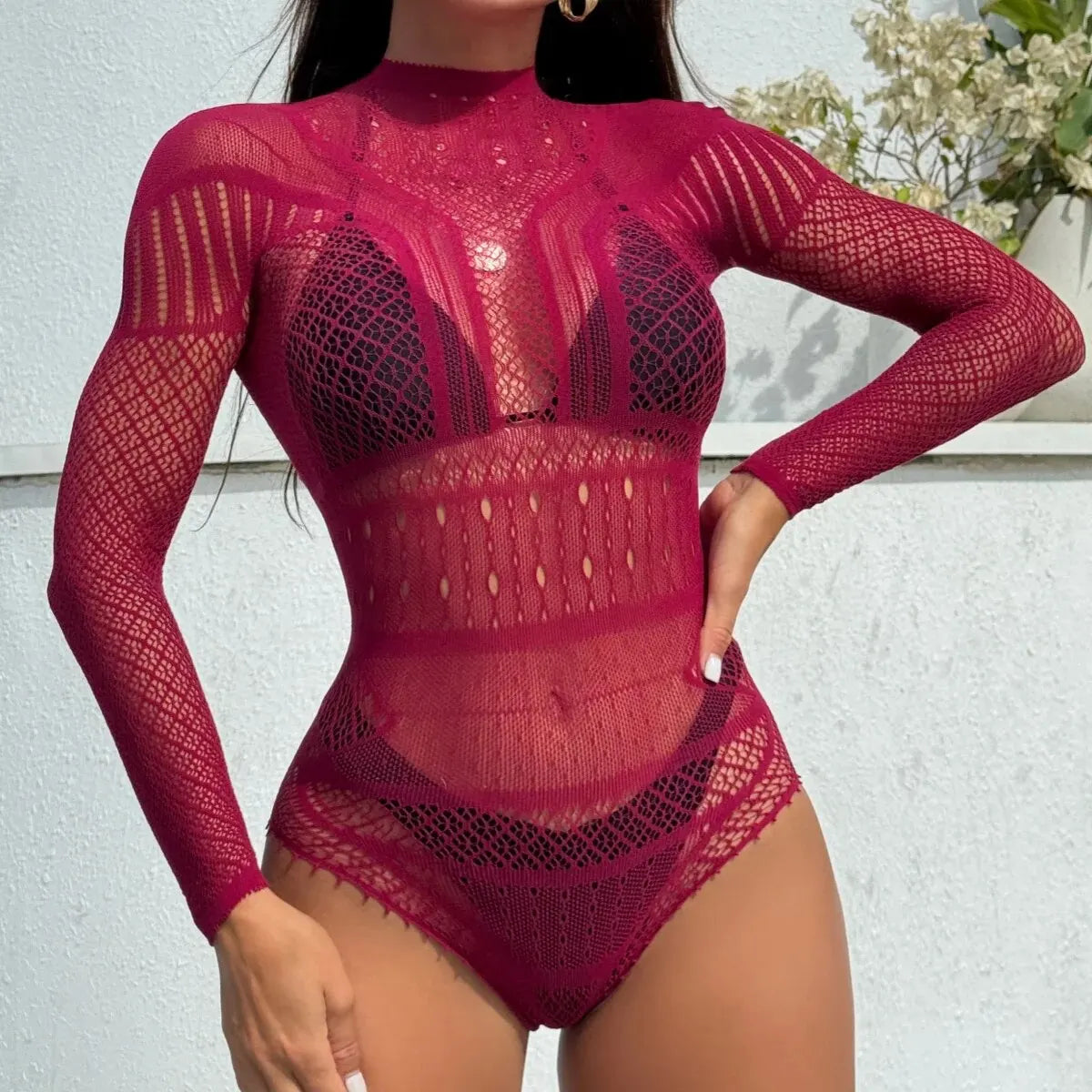 1PC Sexy résille à manches longues cache  vêtements de plage  sans sous-vêtements, maillot de bain