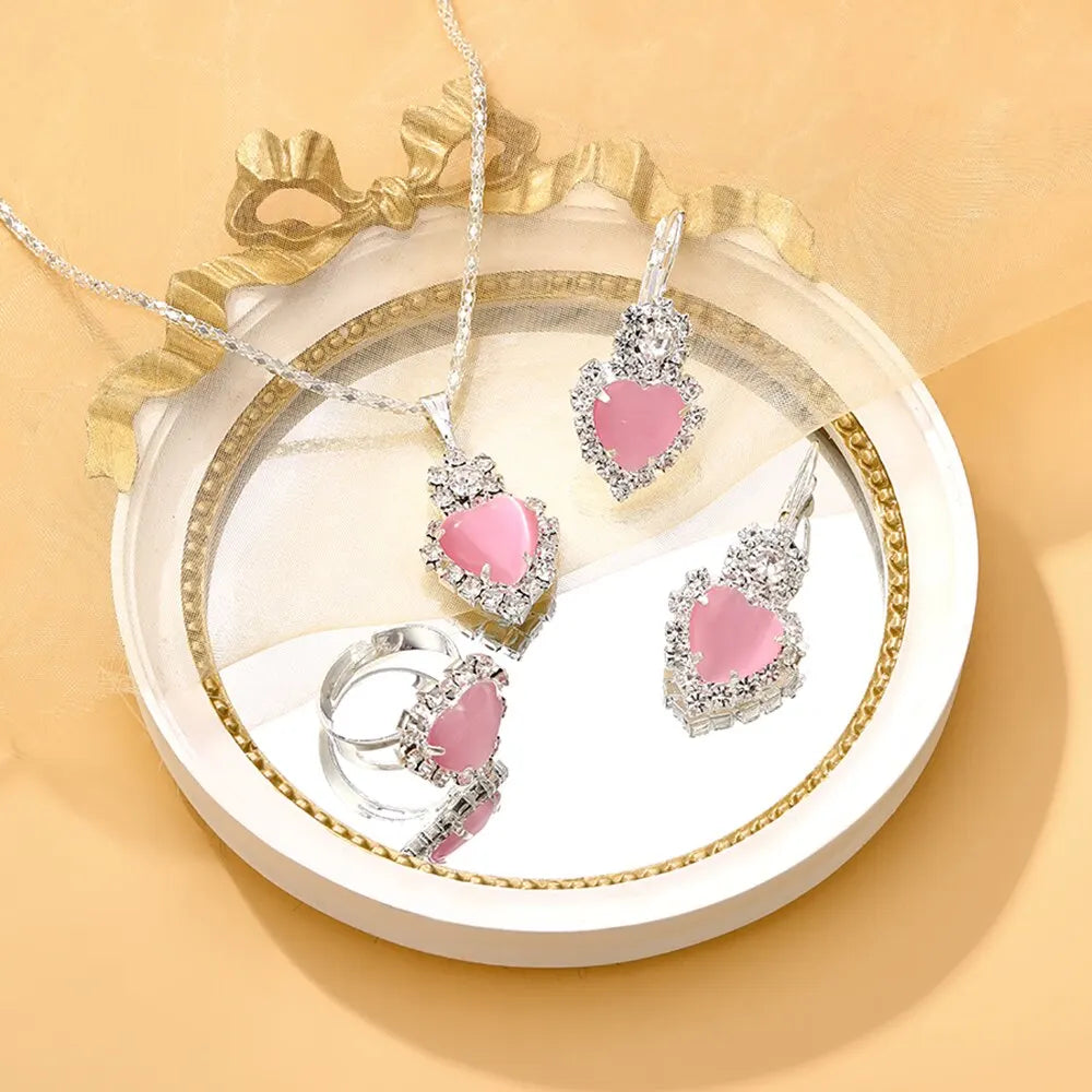 Ensemble de 4 pièces de collier et boucles d'oreilles en strass en forme de cœur, ensemble de bijoux à breloques pour dames, cadeaux de mariée à la mode