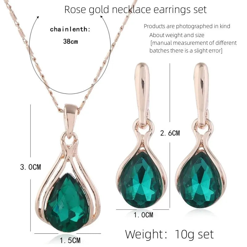 Collier et boucles d'oreilles couleur or Rose, pendentif en alliage de verre cristal vert, ensemble de bijoux de Style Simple à la mode, 3 pièces