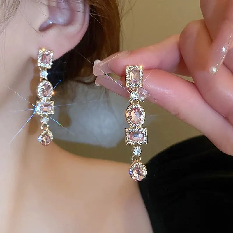 Boucles d'oreilles longues  en strass colorés brillants pour femmes, boucles d'oreilles géométriques carrées pendantes, bijoux de fête de mariage, cadeau