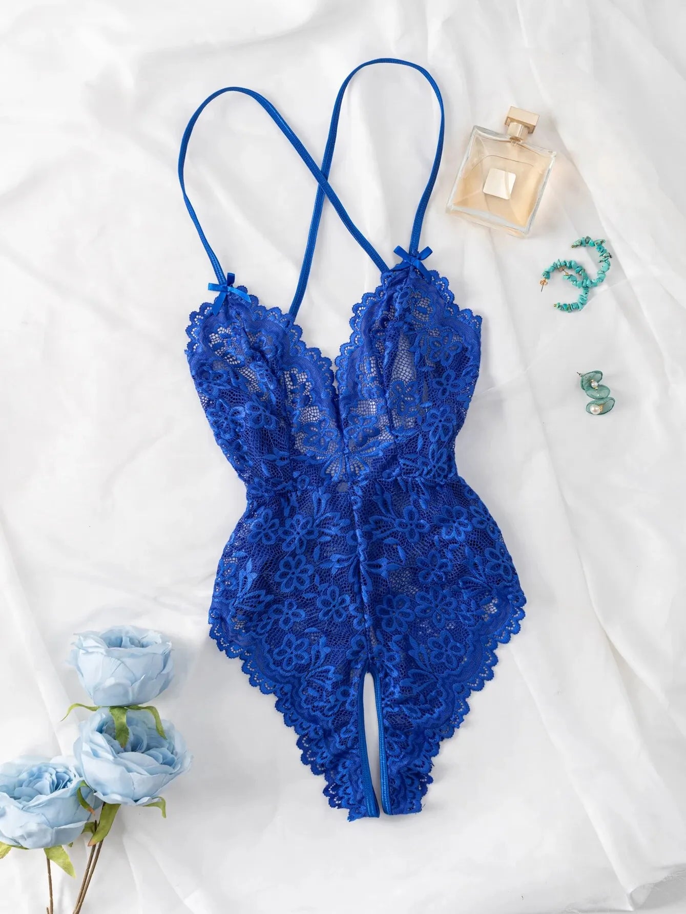 Lingerie bleue Sexy en dentelle pour femmes, body ajouré, pyjama érotique, robe de poupée Teddy, décolleté en V profond, soutien-gorge ouvert, ensemble de sous-vêtements