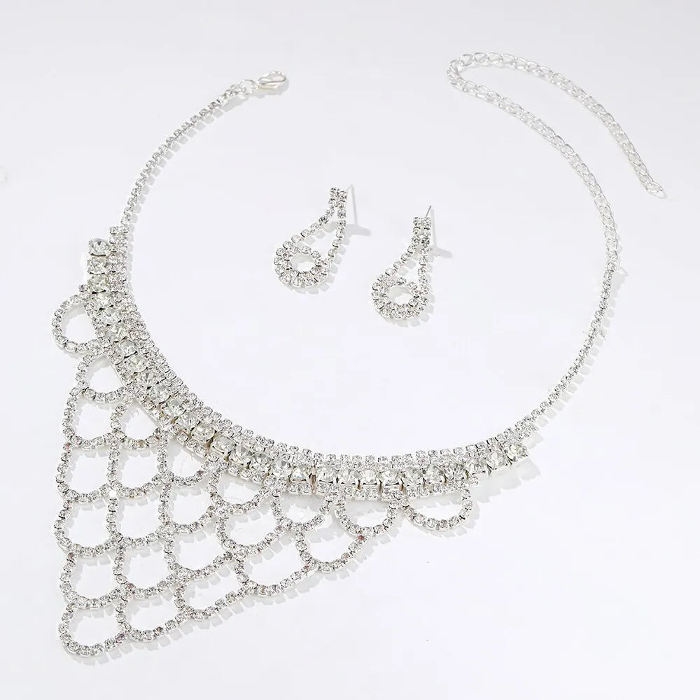 Ensemble de bijoux de mariée en cristal plaqué argent, strass, robe de mariée, collier et boucles d'oreilles, cadeau pour dames