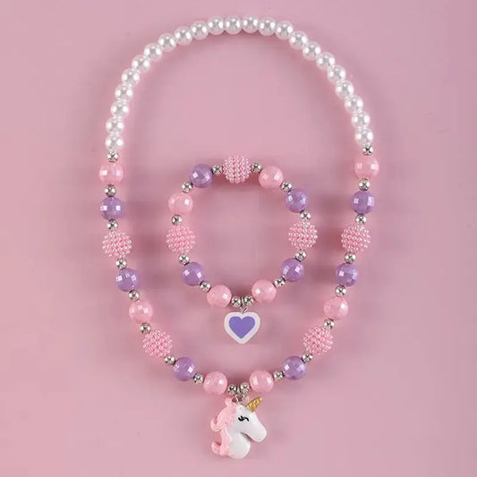 2 pièces ensemble licorne pendentif coeur Bracelet à breloques enfant ensemble de bijoux rose violet mélange couleur perlée mignon filles collier Bracelet ensemble