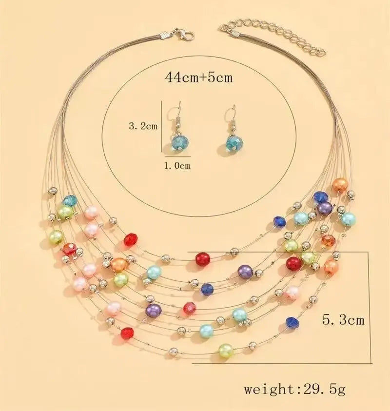 Collier ethnique -  boucles d'oreilles - ensemble pour femmes simulé perle cristal - ensembles de bijoux multicouche collier ras du cou femmes -  ensemble de bijoux