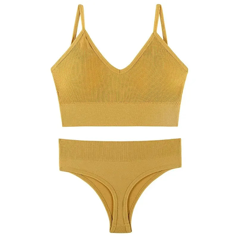 1 Ensemble soutien-gorge et culotte sans couture, soutien-gorge sans fil fin et solide et string côtelé, ensemble de Lingerie et sous-vêtements pour femmes