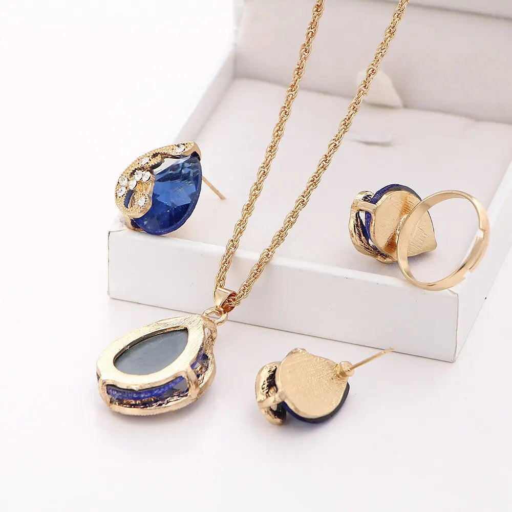 Ensemble de bijoux pour femmes, 3 pièces, bijoux en pierres précieuses bleues, tempérament Simple, rentable, collier, bague, boucle d'oreille, ensemble intégré