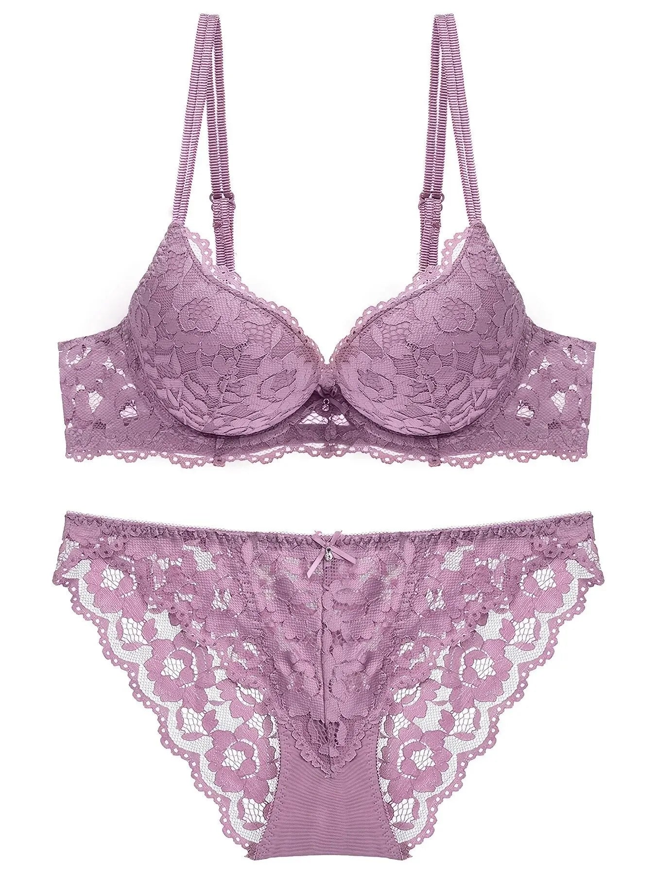 1 ensemble de lingerie élégante en dentelle brodée et en tissu respirant : soutien-gorge push-up, culotte transparente taille basse – Ultime Saint-Valentin