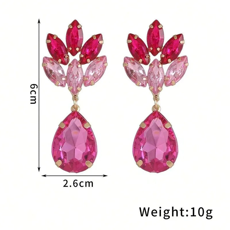 Boucles d'oreilles géométriques en pierre de verre pour femmes, boucles d'oreilles en pierre de cristal rose Fuchsia, bijoux de fête de mariée et de mariage