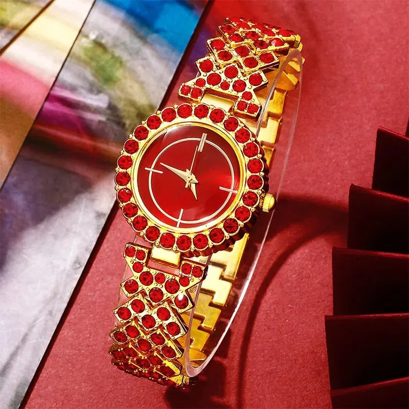 Nouvelle montre de luxe femmes rouge collier boucle d'oreille strass mode montre-bracelet décontracté dames montres ensemble de bijoux