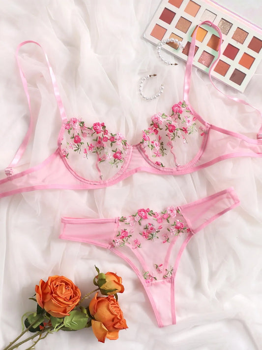 Ensemble de Lingerie 2 pièces Sexy avec broderie florale, sous-vêtements en dentelle transparente, Kits de soins de la peau courts, ensemble féerique délicat pour femme, 2023